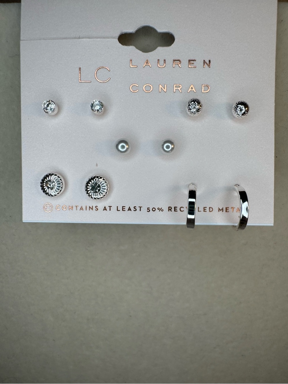 New LC Lauren Conrad Silver Crystal, Pearl & Hoop 5 pack Earring Set